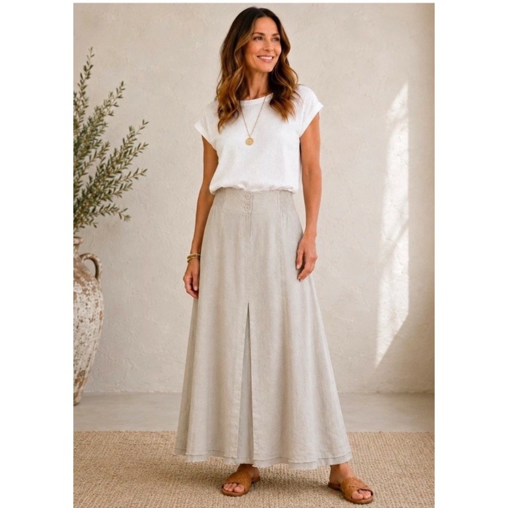 CAbi Linen Maxi Skirt Med Beige Natural Flowy Boho Lagenlook Coastal Minimalist